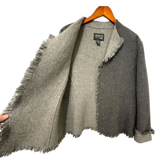 LaFayette 148 Womens Open Wool Blend Jacket Gray Fringe Detail Boxy Size L / XL? - Picture 3 of 11